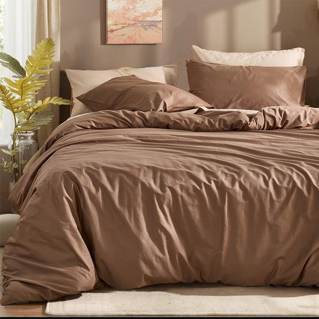 Cozaline 100% Cotton Comforter Set Queen Size – Dark Brown, Linen-Like Texture, Super Soft & Breathable Lightweight Bedding Set, 3-Piece Durable Percale Comforter for All Seasons