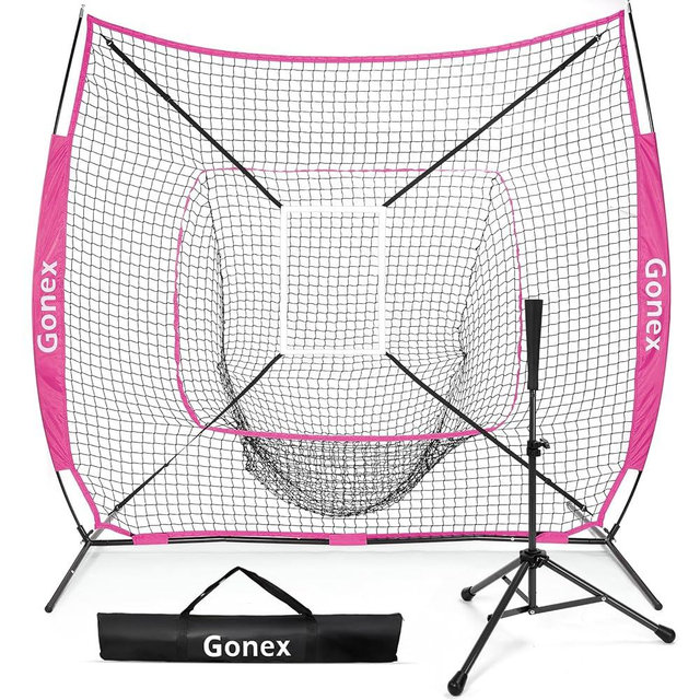 Gonex 7' x 7' Baseball Softball Practice Net Set with Batting Tee for Hitting and Pitching Batting, Practice Training Aid, with Strike Zone, Large Mouth, Bow Frame, Carrying Bag