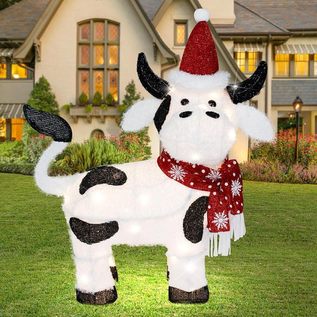 VIKIMORA Christmas Lighted Outdoor Decorations:32" Christmas Cow,3D Lighted-up Christmas Cow Indoor Outdoor Display with LED Lights,Pre-lit Holiday Farm/Pasture/Home Yard Lawn Patio Garden Decoration