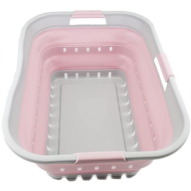 SAMMART 42L (11 gallon) Collapsible Plastic Laundry Basket - Foldable Pop Up Storage Container/Organizer - Portable Washing Tub - Space Saving Hamper/Basket (Grey/Pale Pink)