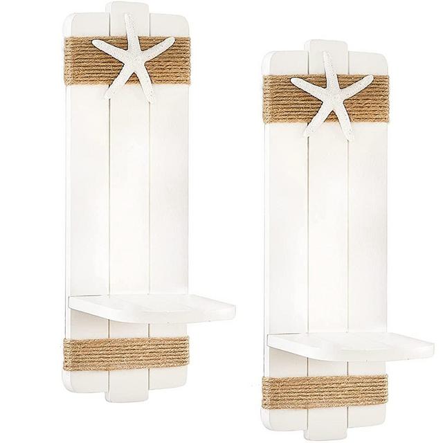 TideAndTales Beach Decor Starfish Wall Candle Sconces (Set of 2) Ocean Themed Wall-Mount Candleholders, Coastal Farmhouse Seashell Candle Holders, Nautical Style Beach Bathroom Decor