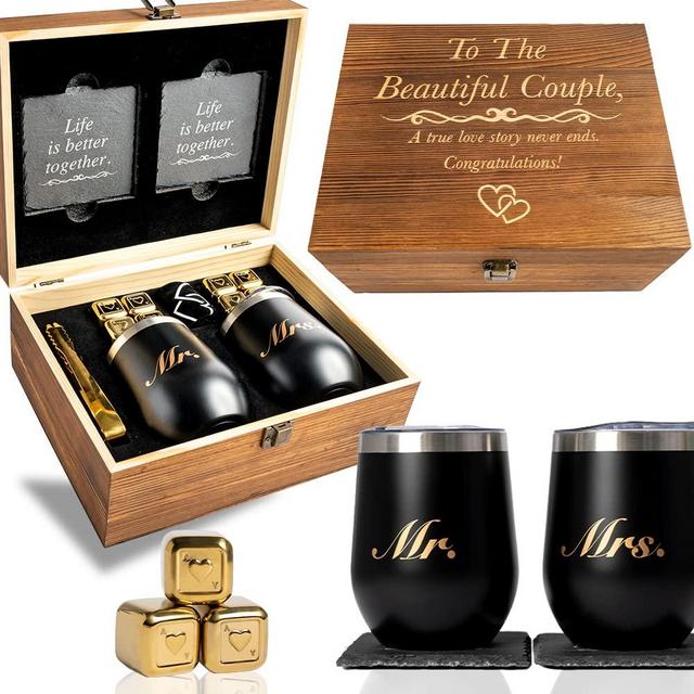 Unique Engagement Gifts for Couples, Wine Tumbler Gift Set, ‘To The Beautiful Couple’, Bridal Shower Gifts for Her. Wedding Gifts for Couple, Mr and Mrs Tumbler Set