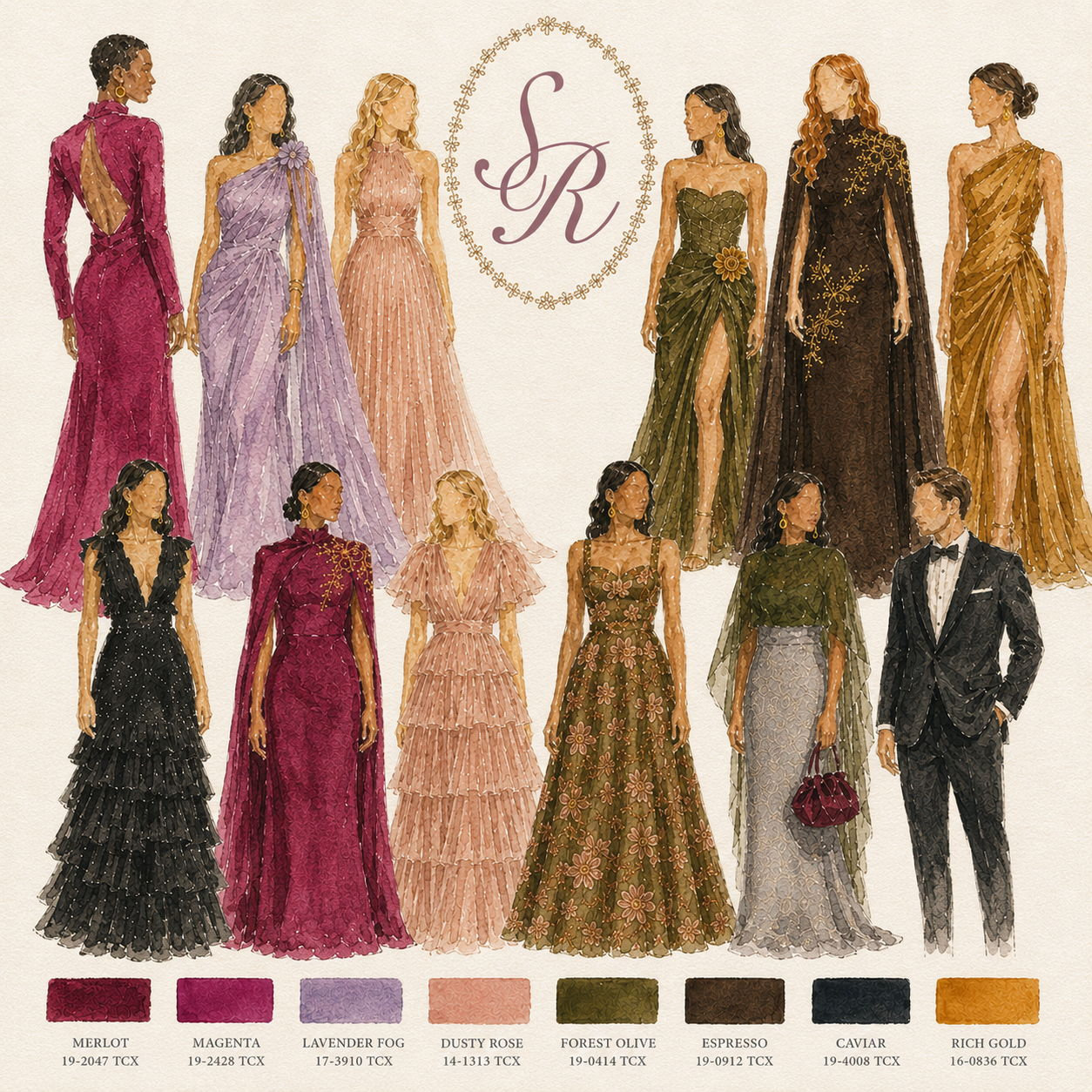 Saturday's ceremony and reception is black tie. We've also curated a fall color palette, shown above, and we'd love for you to join us in it.
