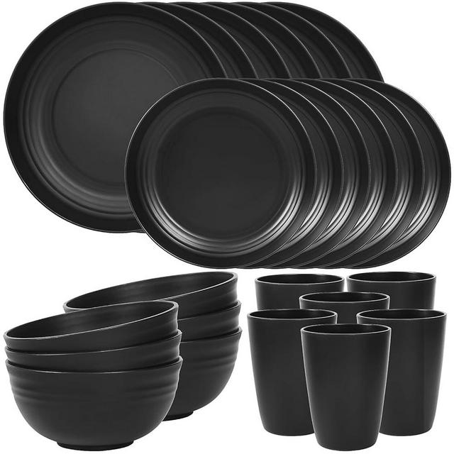 Quatish 24 Piece Wheat Straw Dinnerware Sets of 6, Kitchen Plates and Bowls Sets, Unbreakable Plastic Dish Set for Camping, Dishwasher Microwave Safe, Kitchen and Dinning Essentials, Black