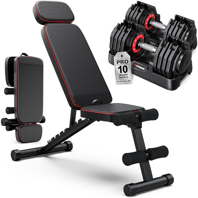 Adjustable Dumbbells Set of 2, 1 Hand Adjustable Weights Dumbbell Set and Workout Bench, 25/55/80lb Pair Weight Set For Home Gym Suit both Men and Women, Compact for Small Space Apartment Room