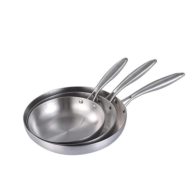 LOLYKITCH Tri-Ply Stainless Steel Saute Frying Pan Skillet 3 Piece Set with Ergonomic Handle, Compatible with All Kinds of Stoves and Oven Safe (8-Inch, 10-Inch and 12-Inch)