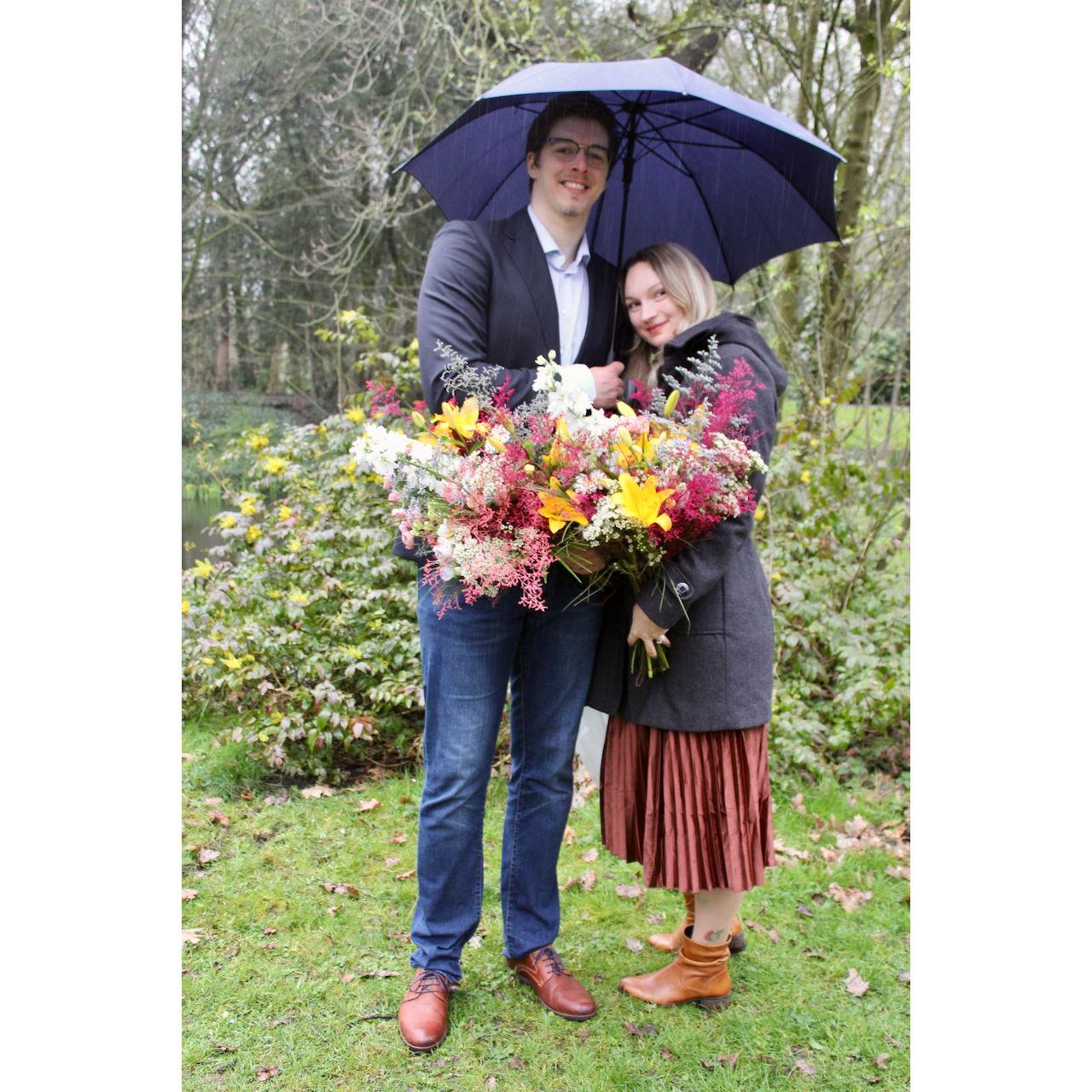 We took kept trying to take some sunny photos in Belgium when we first got engaged. In early March, this was the best we got!