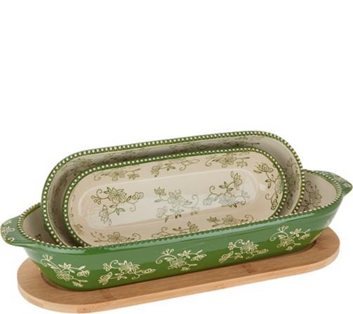 Temp-tations Floral Lace Set of 3 Oval Nesting Bakers w/ Wooden Lid