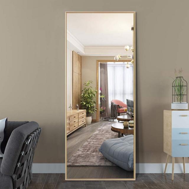 ElevensMirror Full Length Mirror Dressing Mirror with Standing Holder 59"x20" Large Rectangle Bedroom Floor Mirror Standing Mirror Wall-Mounted Mirror (Gold (59" x 20" with Standing Holer))