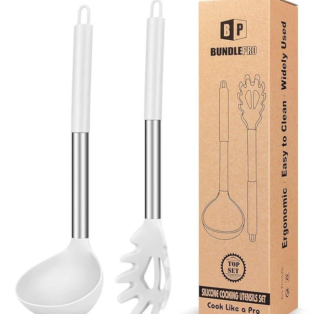Silicone Pasta Fork and Ladle Spoon Set, Large Non Stick Kitchen Utensils for Cooking,Stirring,Serving Spaghetti, Soup, Sauce (WHITE)