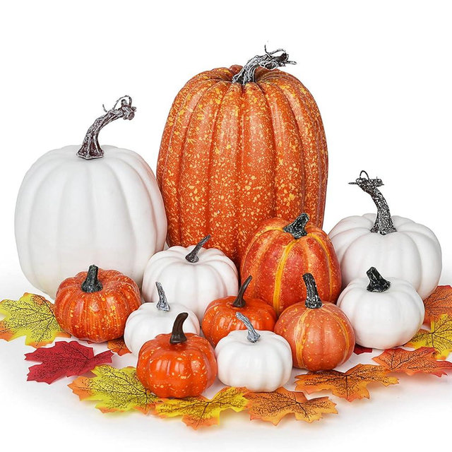 Lvydec Artificial Pumpkins Set Harvest Decoration, 12pcs Assorted Size Orange and White Pumpkins with 50pcs Maple Leaves for Halloween Thanksgiving Autumn Festive Party Supplies