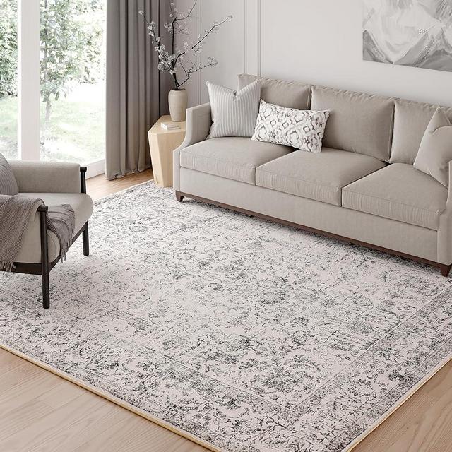 PureCozy Grey Area Rug 5x7 Indoor Vintage Living Room Carpet Kitchen Washable Distressed Rug Gray Floral Bedroom Rug Retro Accent Throw Rug for Office Dining Room Bathroom