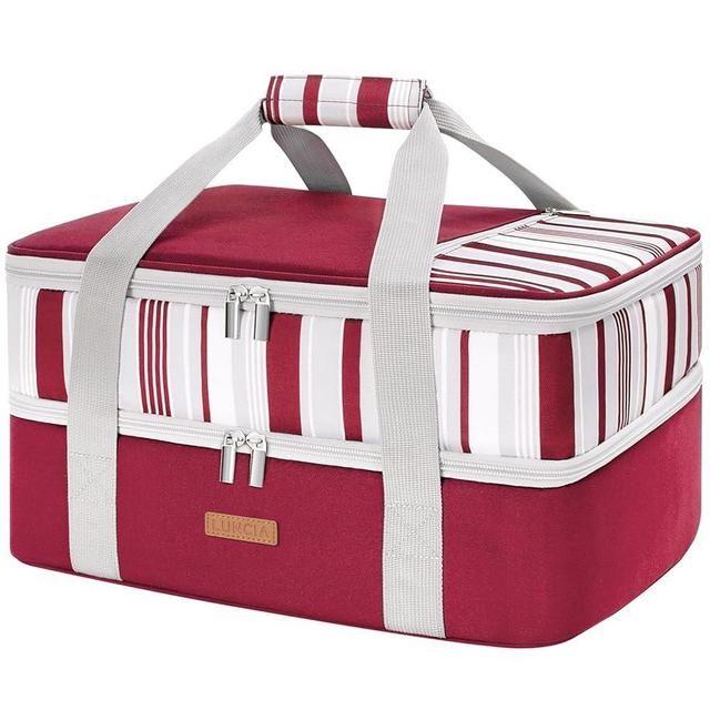 LUNCIA Double Decker Insulated Casserole Carrier for Hot or Cold Food, Lasagna Lugger Tote for Potluck Parties/Picnic/Cookouts, Fits 9"×13" Baking Dish, Red