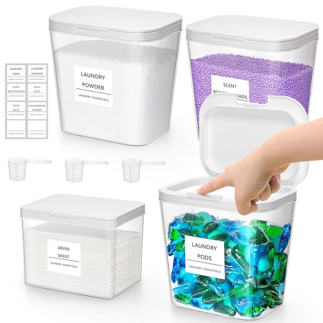 Lifewit 4 Pack 0.72 Gal Laundry Pods container & 0.5 Gal Dryer Sheets Holder Sets, Press-and-Pop Lids, Laundry Room Organization and Storage for Booster Beads with Labels and Measuring Scoops