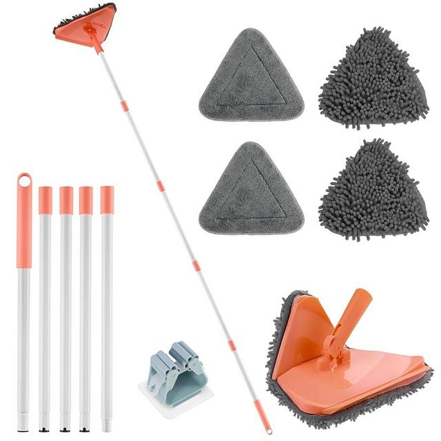 Wall Cleaner Triangle Mop with 82'' Long Handle - Wall Scrubber, Cleaning Washer Tool with 4 Microfiber Chenille Duster Pads for Clean Walls, Ceiling, Windows, Floors, Baseboards (4 Pads)