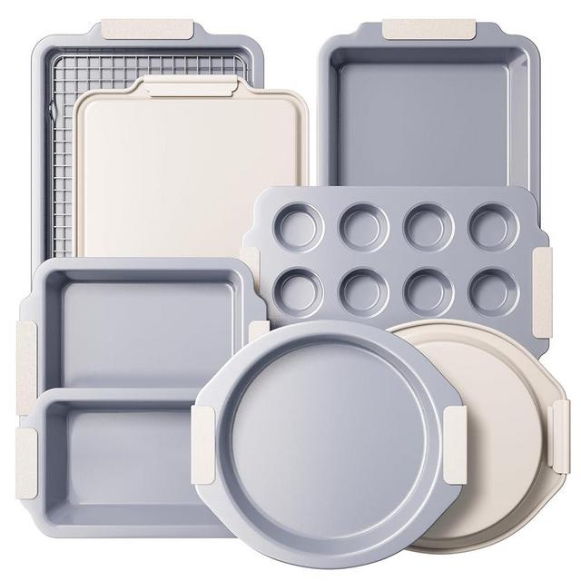 BRONYPRO Nonstick Ceramic Bakeware Set (9 Pieces),Heavy Duty Aluminized Steel Bakeware-Baking Pan Sets with Silicone Handles,Includes Sheet Pans,Loaf Pan,Muffin pan,Cake pans,PTFE & PFOA Free - White
