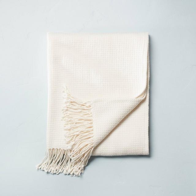 Solid Texture with Fringe Bed Throw Blanket Sour Cream - Hearth & Hand™ with Magnolia