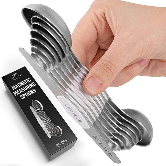Zulay Kitchen Stackable Magnetic Spoons Set of 7 - Dual Sided Magnetic Measuring Spoons Set Fits In Spice Jars - Stainless Steel Measuring Spoons Magnetic For Dry and Liquid Ingredients (White)