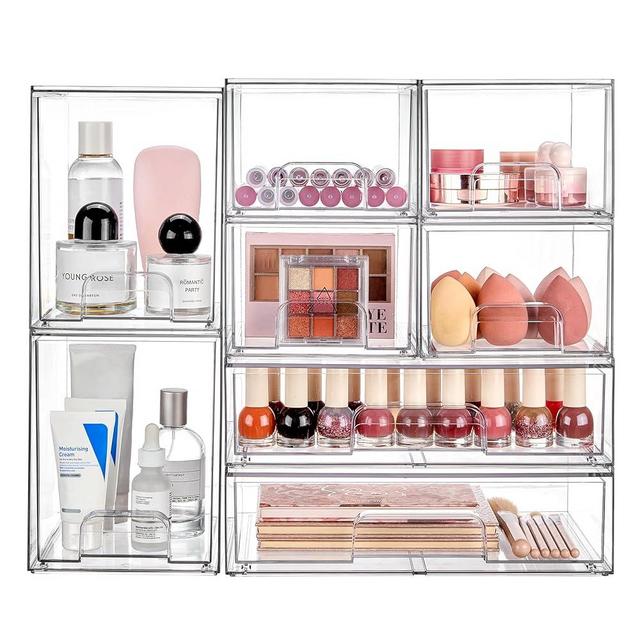 Vtopmart Stackable Storage Drawers Set of 8, Clear Plastic Organizer Bins for Bathroom Supplies,Ideal for Cabinet,Pantry,Laundry Room Organization
