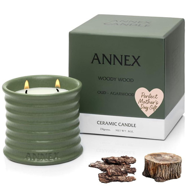 Scented Luxury Candles in Handmade Ceramic Jars, Soy Wax, Mothers Day Gift, Woody Wood – Oud & Agarwood, Large Candle, Non Toxic, 2 Wicks, Reusable Big Green Jar, Natural Aromatherapy