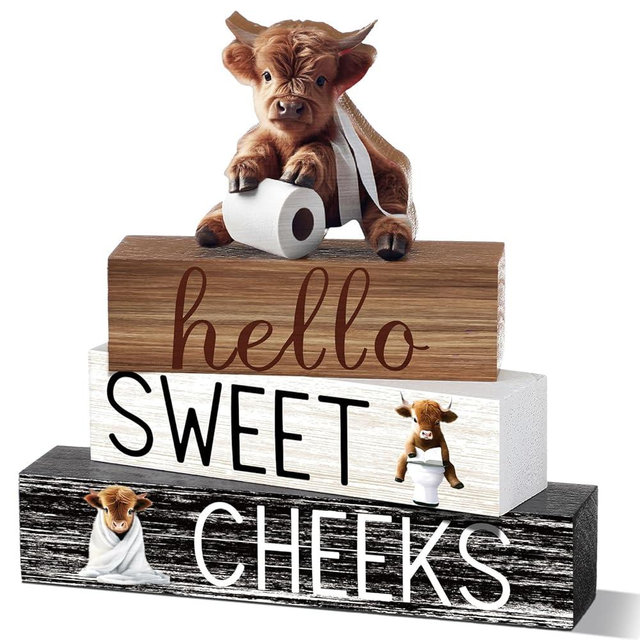 Cinnvoice 4 Pcs Bathroom Decor Farmhouse Bathroom Decoration Western Hello Sweet Cheeks Table Centerpiece Christmas(Highland Cow)