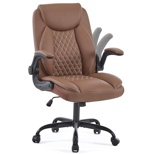 YFO Leather Office Ergonomic Home Office Desk Chair, Back Support Swivel Executive Office Chair with Wheels and Flip-Up Armrests, Small Gaming Chair with Adjustable Rocking Function, Brown