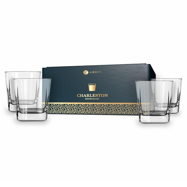 Libbey Charleston Rocks Glasses Set of 4, 12 Oz, Clear Square Base Glass Cocktail Glasses, Modern Bar Glassware Set for Parties and Casual Gatherings