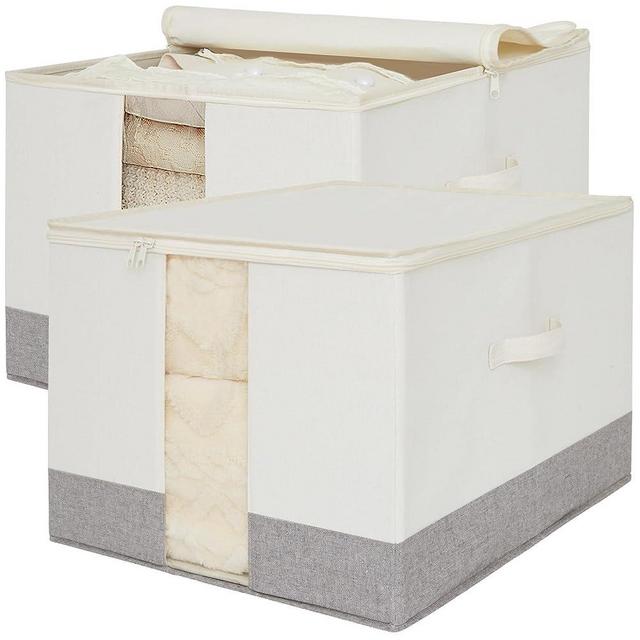 LoforHoney Home Closet Storage Bins with Clear Window and Lid, Fabric Storage Bins with Handles, Foldable Storage Baskets for Organizing with Lids for Shelves, Clothes Bins, Beige & Gray, 2-Pack, 19.7x15.7x12.6