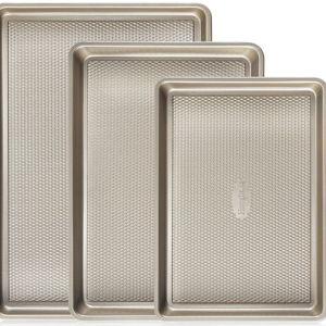 HONGBAKE Baking Sheet Pan Set of 3, Cookie Sheets for Oven, Nonstick Half/Quarter/Jelly Roll Pans with Diamond Texture Pattern, 0.8mm Thick Heavy Duty Cookie Tray, Champagne Gold