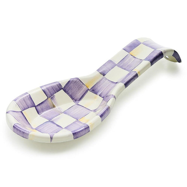 MACKENZIE-CHILDS Enamel Spoon Rest, Kitchen Utensil Rest and Spoon Holder, Kitchen Decor, Purple-and-White Violet Check