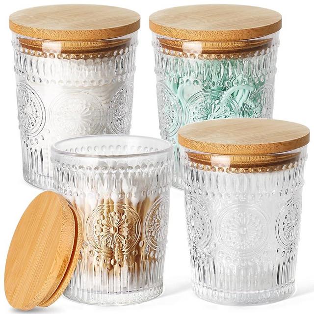 ALPIRIRAL Qtip Holder, Bathroom Jars With Lids set, Q Tip Holder Bathroom Set, Glass Cotton Ball And Qtip Holder Set, Bathroom Canisters Jars For Cotton Pad, Cotton Round, Cotton Swab Organizer,4 Pack