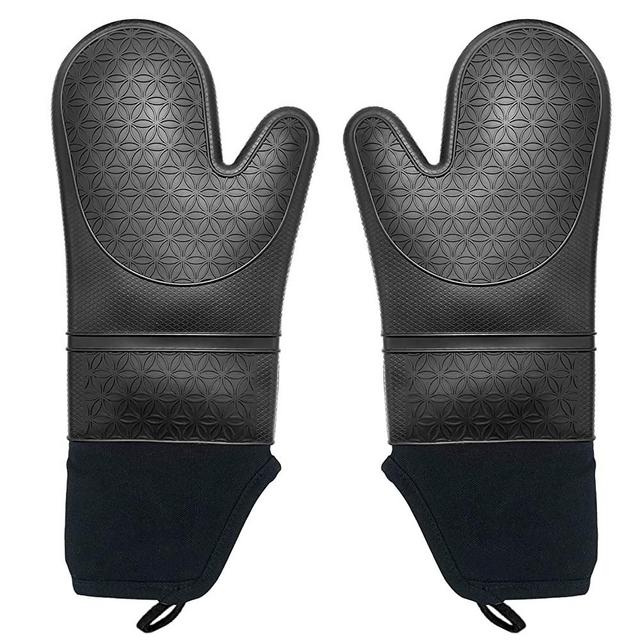 ADINC Silicone Oven Gloves Mitts - Extra Long Oven Mitts Pot Holders with Quilted Liner 500°F Heat Resistant Kitchen Cooking Baking BBQ Mitt Potholders for Women Men Gloves Waterproof(14.5 Inch Black)
