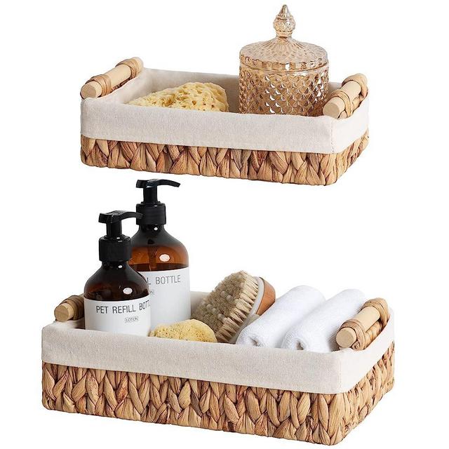 StorageWorks Wicker Baskets for Bathroom, Water Hyacinth Small Woven Baskets for Organizing Towels and Toiletries, Decorative Baskets for Home Décor with Natural Fabric Liner, 2 Pack