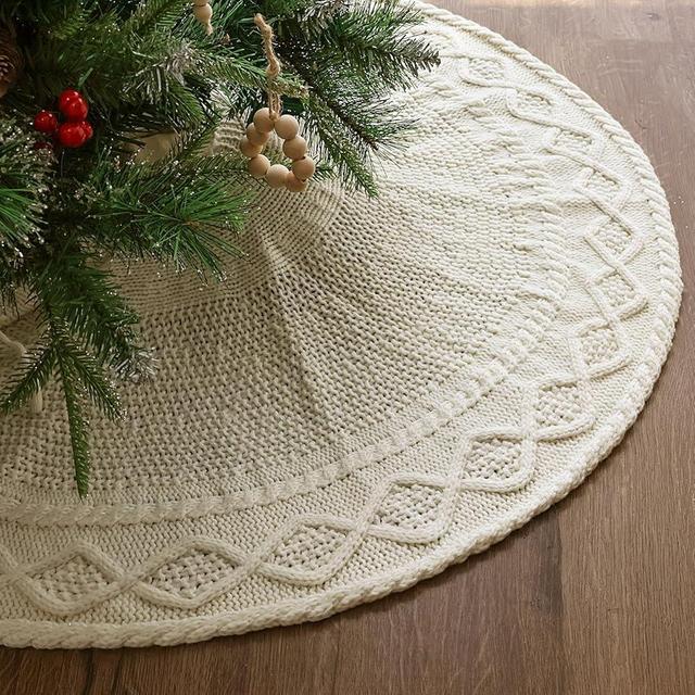 LimBridge Knitted Christmas Tree Skirt: 36 Inches Cream White Tree Skirt, Diamond Edge Cable Knit Thick Rustic Christmas Tree Decorations, Christmas Decor Xmas Holiday Home Party Decorations