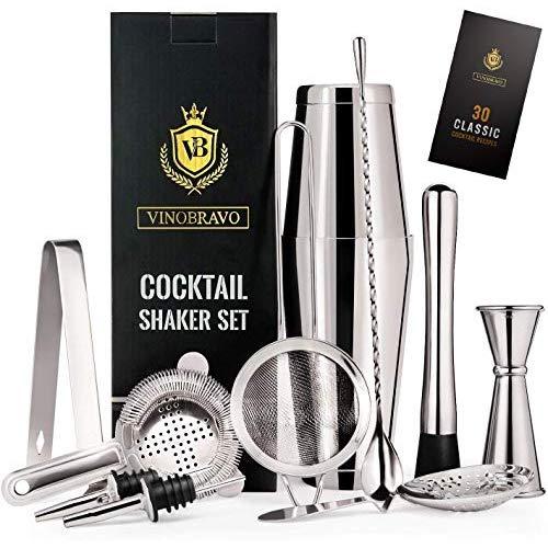 11-Piece Bartender Kit Boston Cocktail Shaker Bar Set by VinoBravo : 2 Weighted Shaker Tins, Strainer Set, Double Jigger, Bar Spoon, Ice Muddler & Tong, 2 Liquor Pourers & Recipe Guide (Silver)