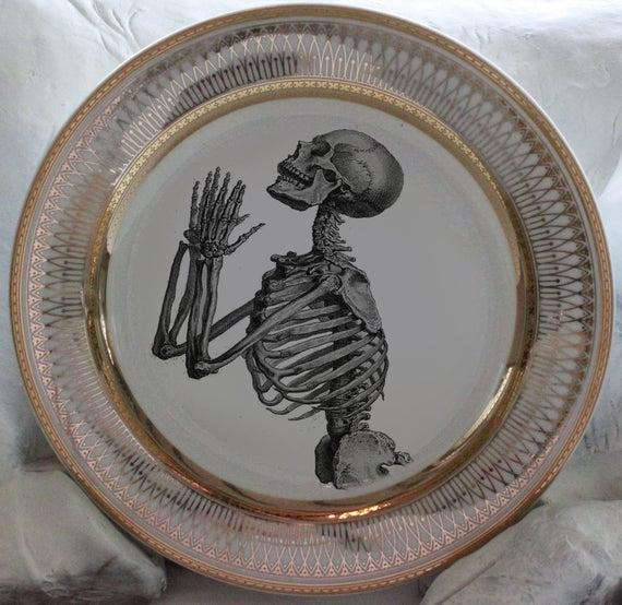 Praying Skeleton Plate or Cup and Saucer Set, Porcelain, Foodsafe and Durable.