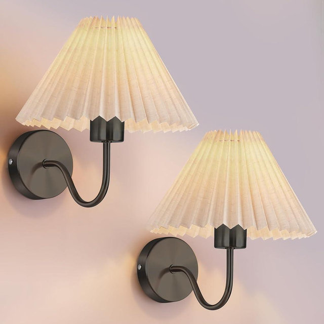 Wall Sconces Sets of 2, Indoor Wall Light Fixtures with Fabric Lampshade, Pleated Fabric Wall Lamp Dresser Hardwired Lamp Wall Lighting Fixture for Bedroom Living Room Porch Dining Room（Beige）