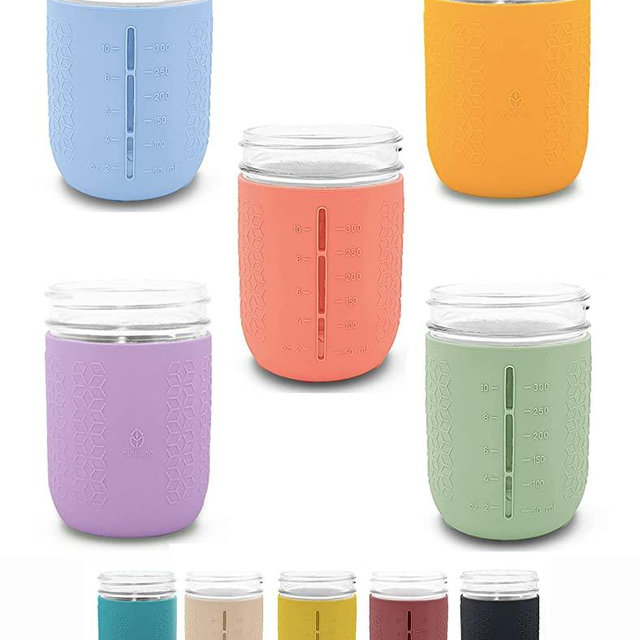 minliving Silicone Mason Jar Sleeves, Cup Holder 5 Pack Value Combo Anti-slip protection - Fits 16oz WIDE mouth Jelly Canning, Ball and Kerr Jars (5, Spring Summer)
