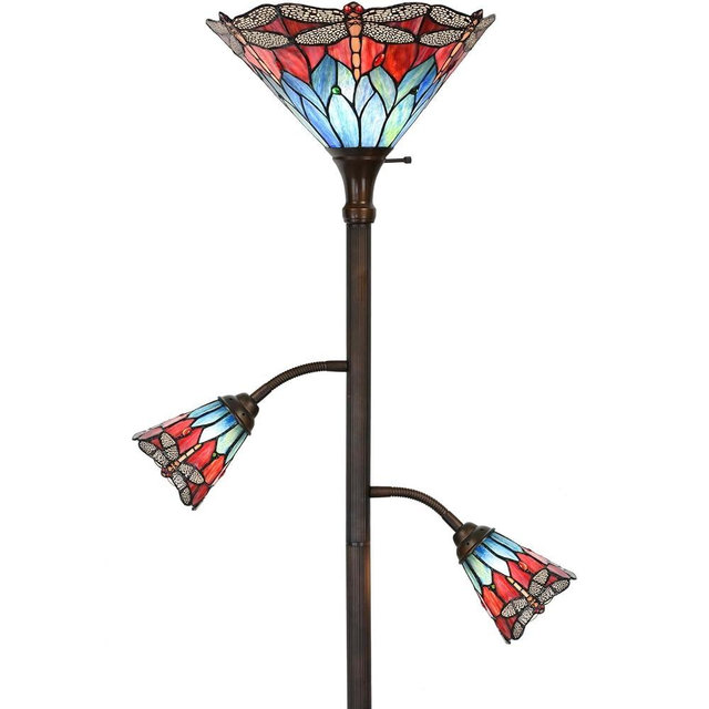 Bieye L10837 Dragonfly Tiffany Style Stained Glass Torchiere Floor Lamp with Sidelights for Reading, 70-inches Tall (Dragonfly, Red Blue)