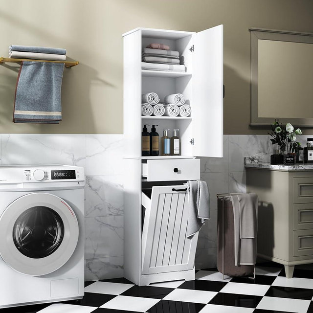 J.Diunp Tilt-Out Laundry Hamper with Shelf, 70" Tall Slim Bathroom Storage Cabinet with Drawers and Multi-Tier Shelves with Door for Bathroom Laundry Room, White