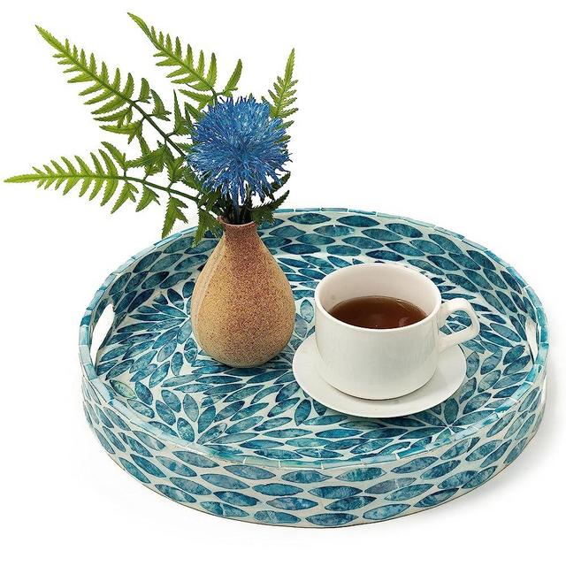 CLAYNIX Serving Tray 12.5 Inch, Lacquer Mother of Pearl Inlay Mosaic Tray, Round Wooden Marble Tray with Handles Trays for Tea, Breakfast in Bed, Table (White)