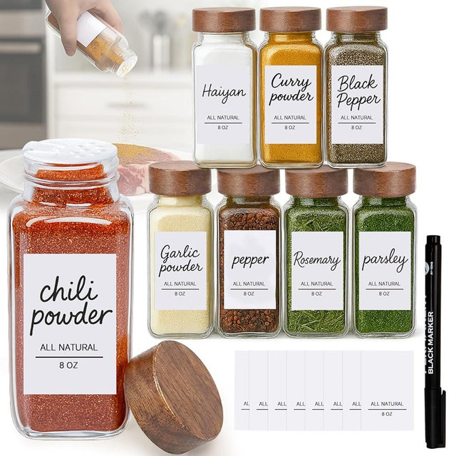 JEORGU 8Oz 8Pcs Glass Spice Jars with Label, Seasoning Containers, Spice Containers with Bamboo Lids & Pen, Empty Spice Bottles for Salt, Herbs, Sugar, Pepper (Acacia Wood Color)