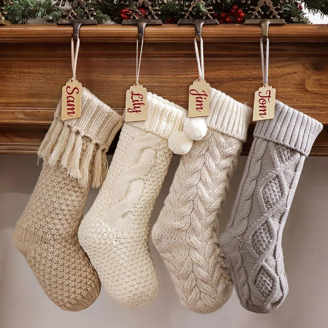 Pawliss Christmas Stockings: 4 Pack 18 Inch Cable Knit Fireplace Stockings, Cozy Hanging Xmas Stockings Farmhouse Knitted Personalized Stocking Decorations for Family Holiday Décor, White Gray Beige