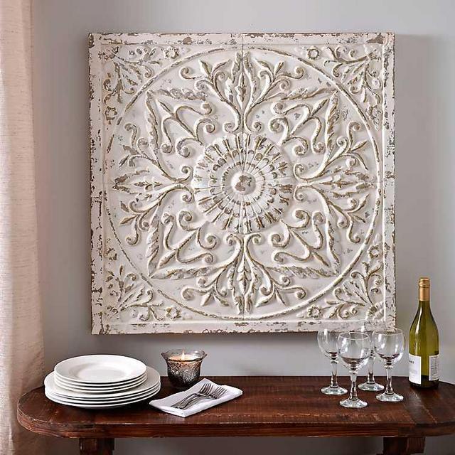 Aria Distressed Cream Embossed Metal Tile
