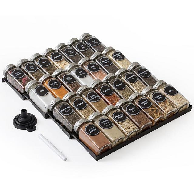 SIMPLEMADE-Spice Drawer Organizer, Spice Rack Drawer for Kitchen, 4 Tier Black Drawer Spice Organizer with 28 Jars and labels with a pen, Silicone Funnel, 13" by 17.5"