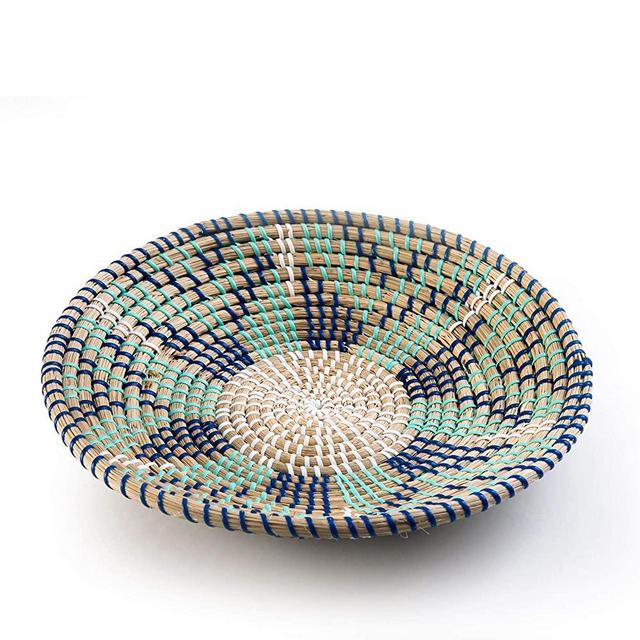 Woven Wall Basket Decor, Seagrass Woven Basket Boho Decor for Home, Bohemian Wall Decor for Living Room, Natural Seagrass Hanging Basket or Fruit Bowl, Rattan Wall Decor 13.7" Diameter Blue Design