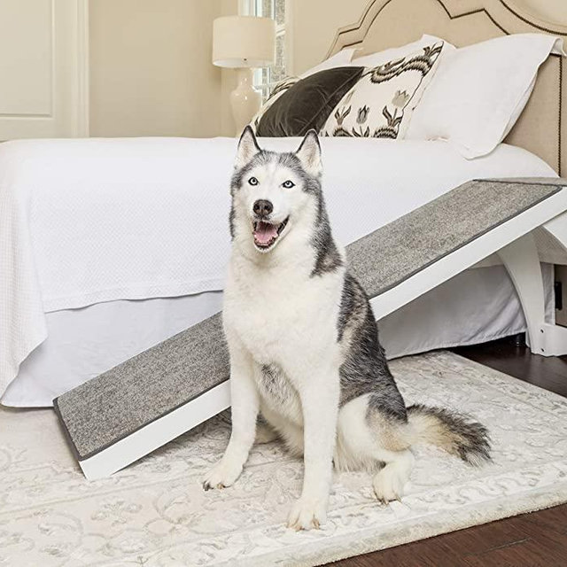PetSafe CozyUp Bed Ramp for Dogs and Cats - Durable Frame Supports up to 120lb - Furniture Grade Wood Pet Ramp with Cherry or White Finish - High-Traction Carpet Surface – Great for Older Animals