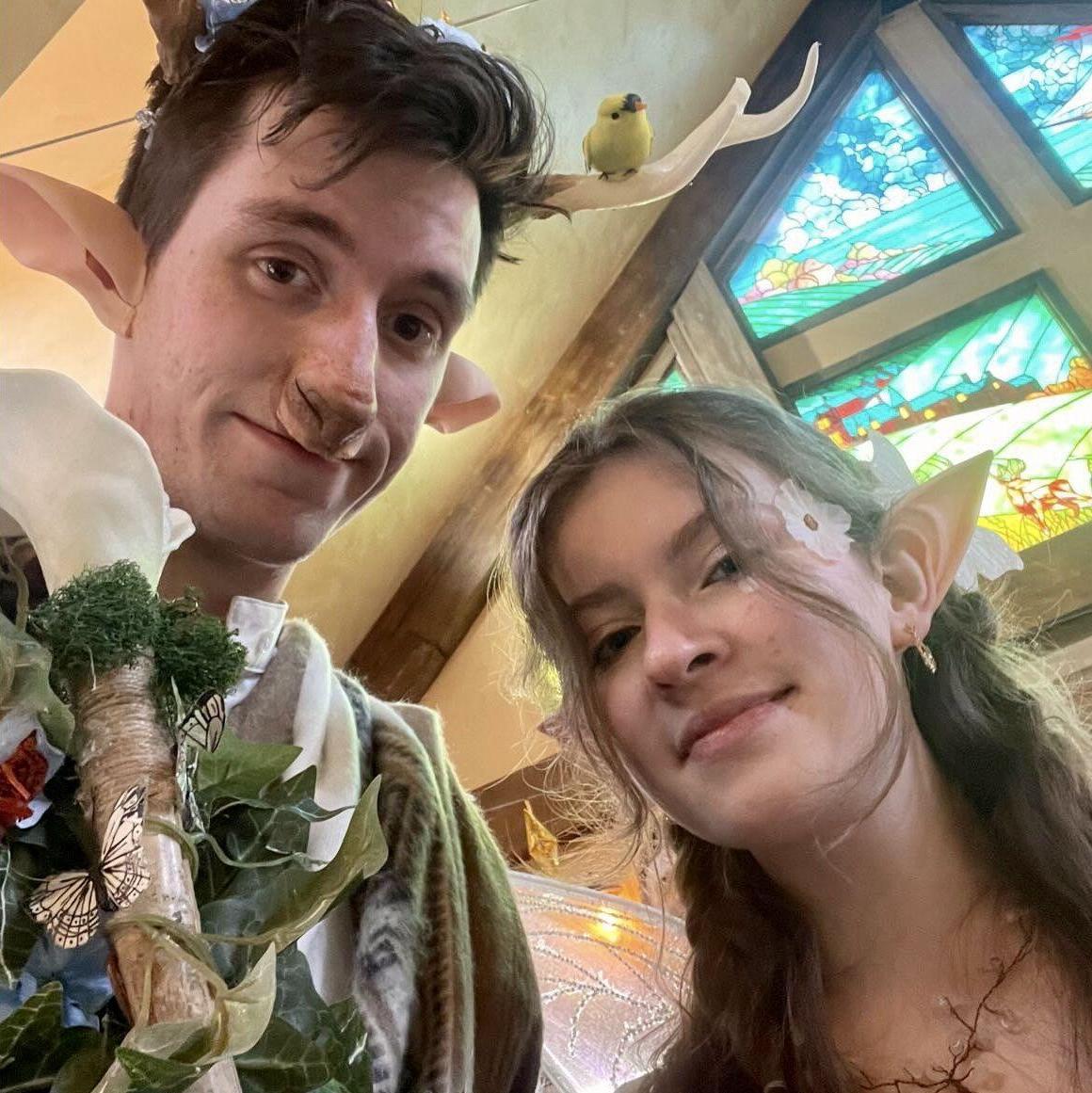 Michael and Leticia dressed as mythical creatures to their first Renaissance Fair together: a fairy and a fawn.