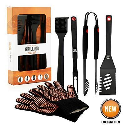 Yukon Glory Signature Edition 5 Piece Grilling Tools Set, Matte-Black Durable Stainless Steel BBQ Accessories, Includes Set of BBQ Gloves.