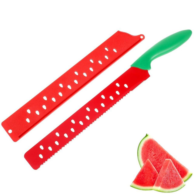 Veemoon Watermelon Knife with Sleeve, Fruit Cutter with Handle Serrated Watermelon Knife - Stainless Steel Blade - Multifunctional Fruit Slicer Kitchen Cutting Tool for Cheese Apple Vegetable